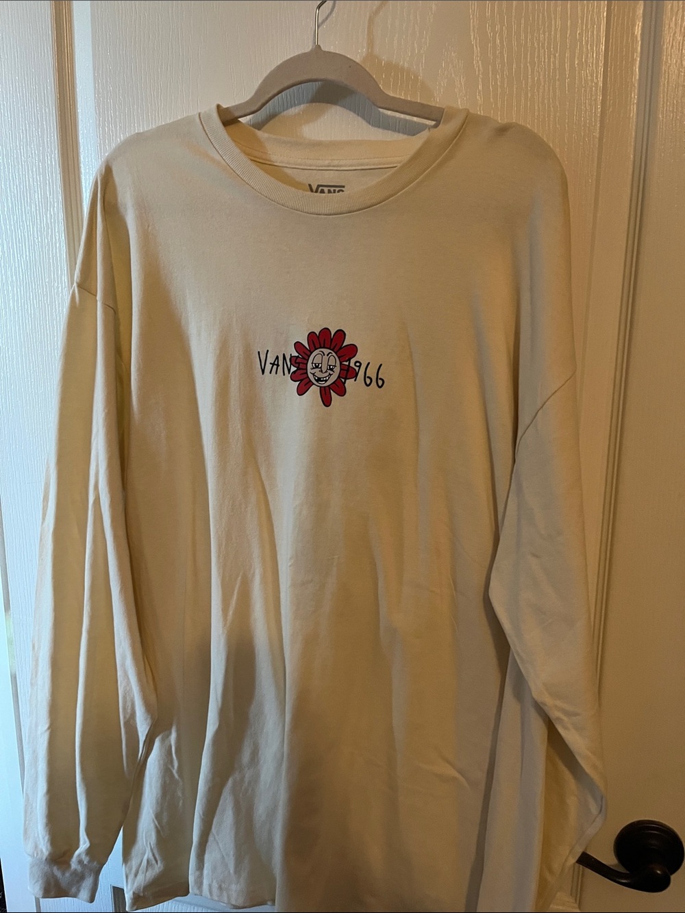 Vans Men’s Cream Long-Sleeve Tee with Red Flower Graphic
